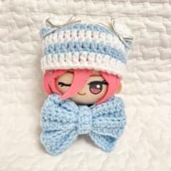 ちびぐるみ ニット帽 リボン オーダーページ 編み物 ぬい服 ぬい活 ちびぐるみ ぬい服 猫耳ニット帽 リボンセット ブルーホワイト 編み物