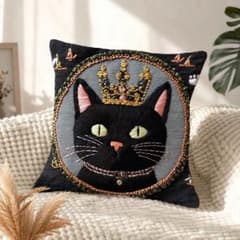 黒猫 クッションカバー45x45刺繍風 猫柄インテリア アンティーク風のサムネイル