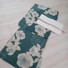 画像の帯つき◆◆ノー皺加工最高級クールパス◆モダン翡翠緑の花古典夏浴衣◆ ◇ノー皺加工最高級クールパス◇モダン翡翠緑の花古典夏浴衣◇洗える