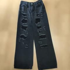 ☆シーイン　キッズ　ダメージ加工 ワイドデニムパンツ ブラック　12歳　150