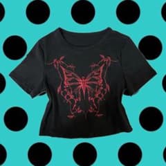 蝶々プリント クロップド丈 Tシャツ ブラック ピチT 平成 y2k グランジのサムネイル