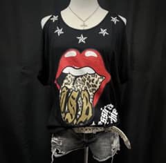 平成ギャル　y2kグランジ　オフショル　半袖Tシャツ 唇　ヒョウ柄　punk 星のサムネイル