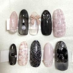 ネイルチップ ハンドメイド 量産 地雷 ピンク　黒　リボン　S　推し活　ツイードのサムネイル