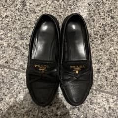 PRADA ドライビングシューズ レザー シボ革 ロゴ リボン 黒 23.5のサムネイル