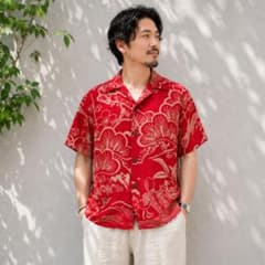 【 美品】パゴン 京友禅 和柄 松 鶴 亀 波 絹 シルク100% アロハ 赤 美品】パゴン 京友禅 和柄 松 鶴 亀 波 絹 シルク100% アロハ 赤