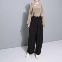 モードカジュアル♡サスペンダー付きワイドパンツ♪ベージュ バギー 大きいサイズのサムネイル