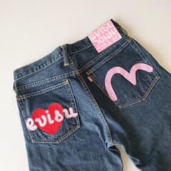 エビス デニムパンツ ピンク カモメ ロゴ 刺繍 ハート ストレート 28