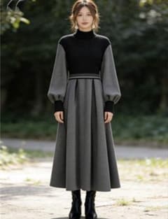 ニットワンピース ロング丈 バイカラー ランタンスリーブのサムネイル