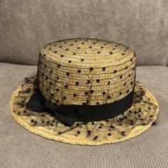ドット柄 チュール付き 麦わら帽子 カンカン帽のサムネイル