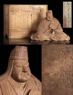 瀧川美堂 滝川美堂 上杉謙信 木彫像 在銘 共箱 戦国武将 置物 古美術 骨董品 瀧川美堂 滝川美堂 上杉謙信 木彫像 在銘 共箱 戦国武将 置物 古美術