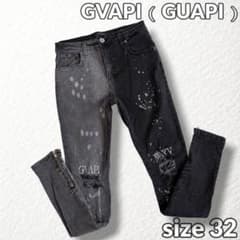 GVAPI】グアピ デニム 刺繍ロゴ 黒灰バイカラー ペイント 裾ジップ 32
