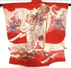 産着 振袖　正絹　袷　子供用　鴛鴦　鼓　赤　ピンク　金色　白　花柄　和装のサムネイル