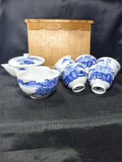 煎茶器セット平安玉泉作染付 煎茶道具 平安玉泉 染付宝瓶急須セット 山水風景図 手描き 桐箱 未使用