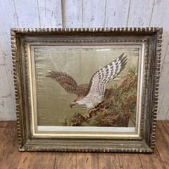 昭和レトロ 刺繍画 刺繍絵 鷹 松 縁起物 絵画 美術 芸術 額縁 額装
