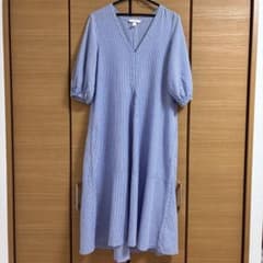 H&M シャツワンピース パフスリーブ　青と白のストライプ Sのサムネイル