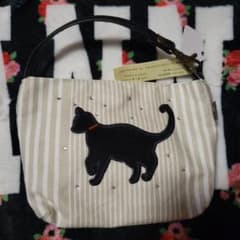 黒猫刺繍 ストライプ ミニバッグ ポーチ
