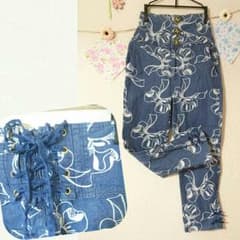 バック編み上げリボン柄ハイウエストデニムパンツのサムネイル