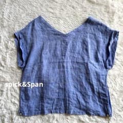 Spick & Span リネン100% Vネック 半袖プルオーバー ブルーのサムネイル