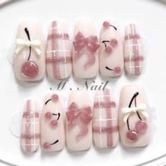 ネイルチップ フレンチガーリー リボン チェック さくらんぼネイル