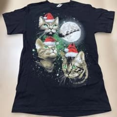 ALSTYLE クリスマス 猫 プリント Tシャツ ブラック Sのサムネイル