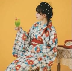 クティールとレトロ 2wayレトロ浴衣セット 椿柄チェック 浴衣 帯セット