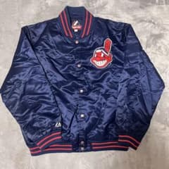 インディアンス　刺繍ロゴ ネイビー　プルオーバー　ジャケット　MLB size M】90s USA製 STARTER MLB インディアンス スタジャン