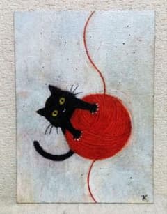黒ねこと赤い毛糸玉の絵画 （アナログイラスト）キャンバス板 - メルカリ