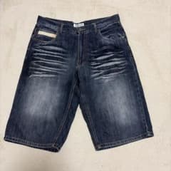 LOWBOX デニムハーフパンツ 鬼ヒゲ 激渋 色落ち インディゴ 古着 Y2Kのサムネイル