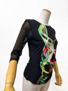鮮やか】新品 アートプリント 社交ダンスカットソー 黒×赤緑r308