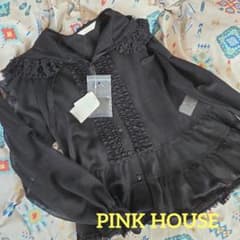 【タグ付・未着用】PINK HOUSE♪ フリルいっぱい黒ブラウス　薄手　羽織 タグ付・未着用】PINK HOUSE♪ フリルいっぱい黒ブラウス 薄手 羽織