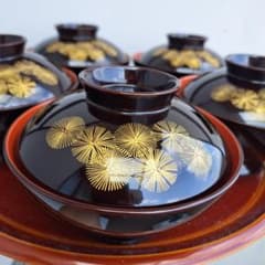 【秋田県　川連漆器　御吸物×5客】天然木製　沈金\
