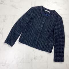 美品 セオリーリュクス ツイードノーカラージャケット ネイビー 38*OD408