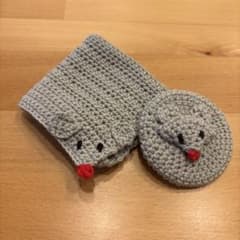 ハンドメイド 手編み ネズミ ハンカチ・ミラー 2点セットのサムネイル