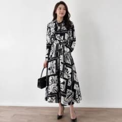 ピンキー&ダイアン コントラストプリントワンピース Aライン ボウタイ