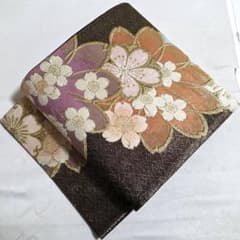 C◇着物くつろぎ 桜の花 金銀糸 銀通し 六通 正絹 振袖用 袋帯 540