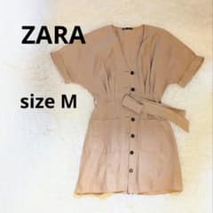 ZARA ベージュ 半袖 ミニワンピース ベルト付き ウエストリボン Mのサムネイル