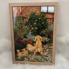 ミニチュアダックスフンドと庭の花オリジナルイラストアートフレームつきA４サイズのサムネイル