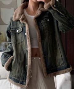 裏地ファー付きデニムジャケット ミディアムウォッシュ ボア