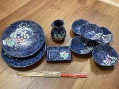 【未使用】美濃焼 藍染 葡萄文 天ぷらセット 皿 小鉢 汁次 箸 10点セットのサムネイル