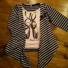 110♡長袖 Tシャツ♡女の子♡ピンク 重ね着風 ボーダー バレエシューズのサムネイル