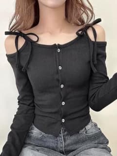ダブルリボン オフショルダー リブショート カーディガンのサムネイル