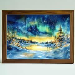 A4 フィンランド・イナリの幻想的なオーロラ｜水彩画アート｜北欧の