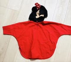 Minnie Mouse raincoat, red (with storage bag) and Shimajiro backpack, red, with star pattern.