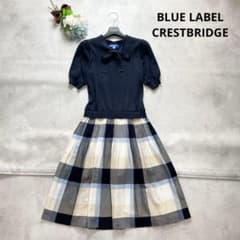 BLUE LABEL CRESTBRIDGE リボン ワンピース 38 人気✨ブルーレーベル ワンピース ボウタイ リボン チェック 濃紺 水色