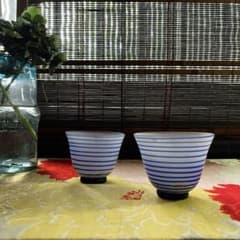骨董　現代工芸　ガラスアート　大川　薫　スパイラル　冷茶碗　茶器　盃　酒器　２客 骨董 現代工芸 ガラスアート 大川 薫 スパイラル 冷茶碗 茶器 盃 酒器