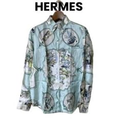 HERMES 総柄シャツ長袖 シルク 馬車柄 ライトグリーン レディース38