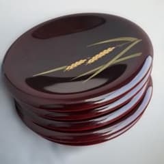 会津漆器 銘々皿×5客】天然木製 溜塗 沈金