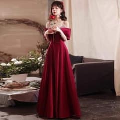 オフショルダーロングドレス Aラインシルエット ワインレッド サイズ L