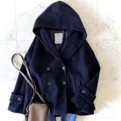 ビアズリー ウール ピーコート フード ネイビー フリーサイズ ゆったり 美品 ビアズリー ウールピーコート フード付き ネイビー フリーサイズ