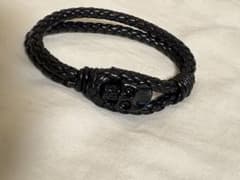 未使用 スカル レザーブレスレット 編み込み ブラックのサムネイル